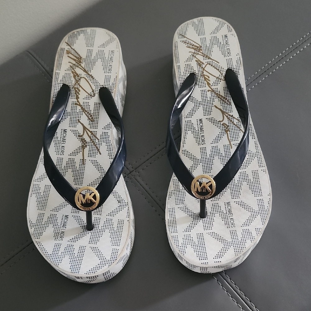 Michael Kors Blue and Gold Flip-Flop Sandals